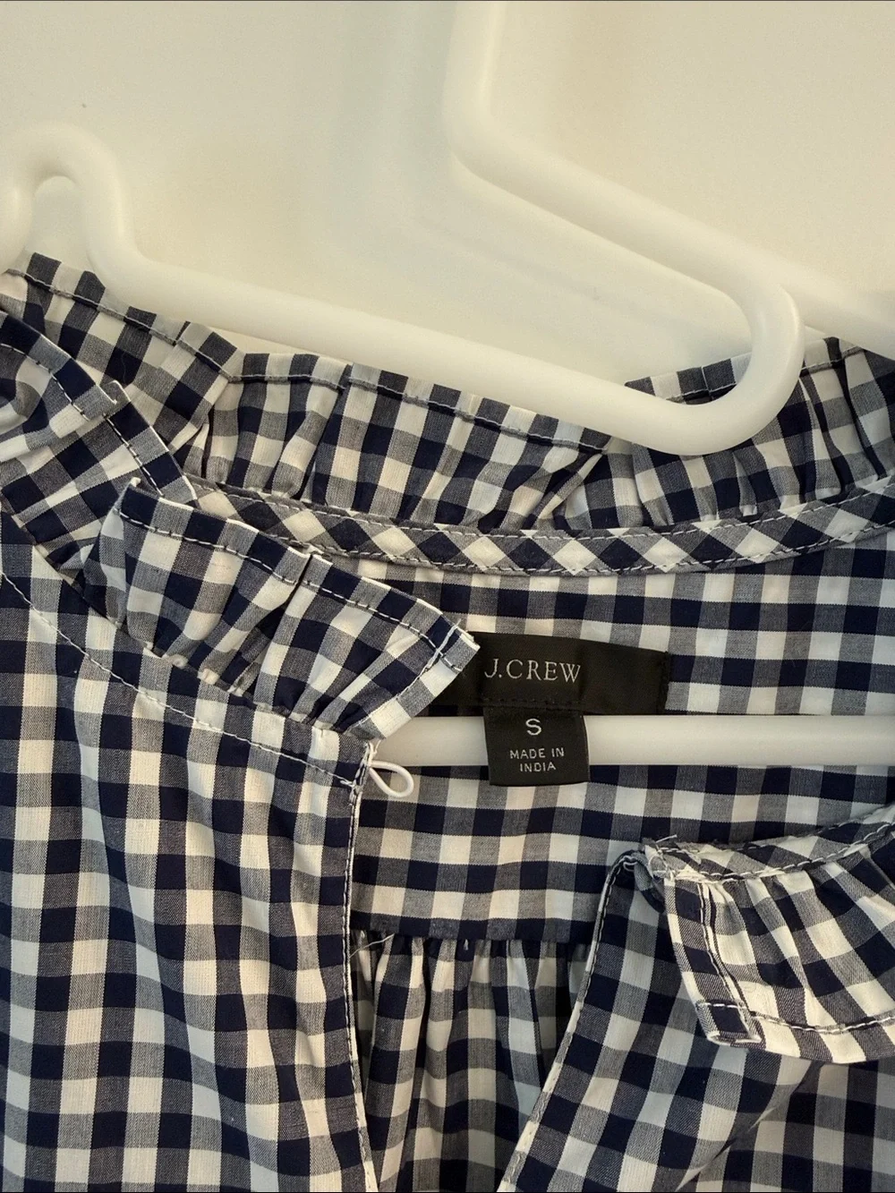 J Crew Women's Navy and White Gingham Ruffle Neck Top, S, never worn